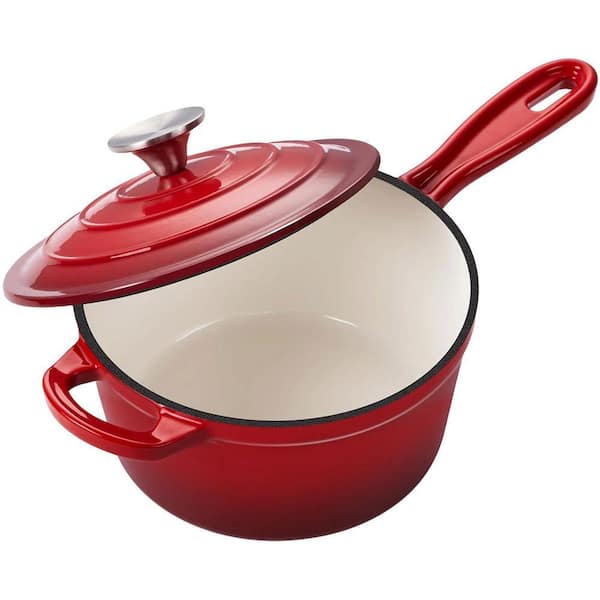 Enameled Cast Iron 2 qt. Nonstick Stock Pot in Red with Lid for Stewing Baking Roasting and Easy Cleaning