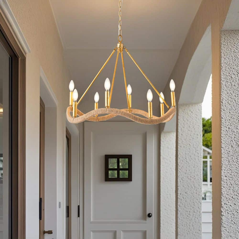 8-Light Gold Hemp Rope Wagon Wheel Chandelier Hanging Linear Chandelier Lighting for Dining Room Living Room price history on PriceWatchPro