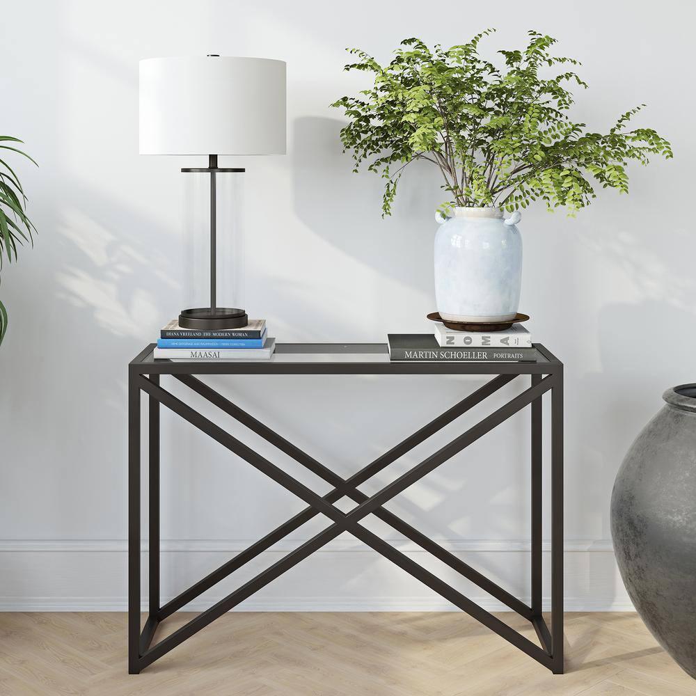 Blackened Bronze Rectangular Console Table with Tempered Glass Top