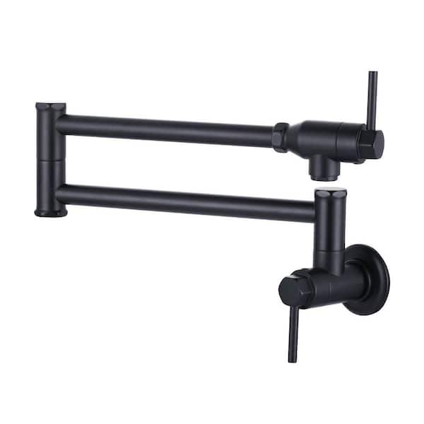 Wall Mount Pot Filler Kitchen Folding Faucet Double-Handle with Dual Joint Swing Arm in Matte Black