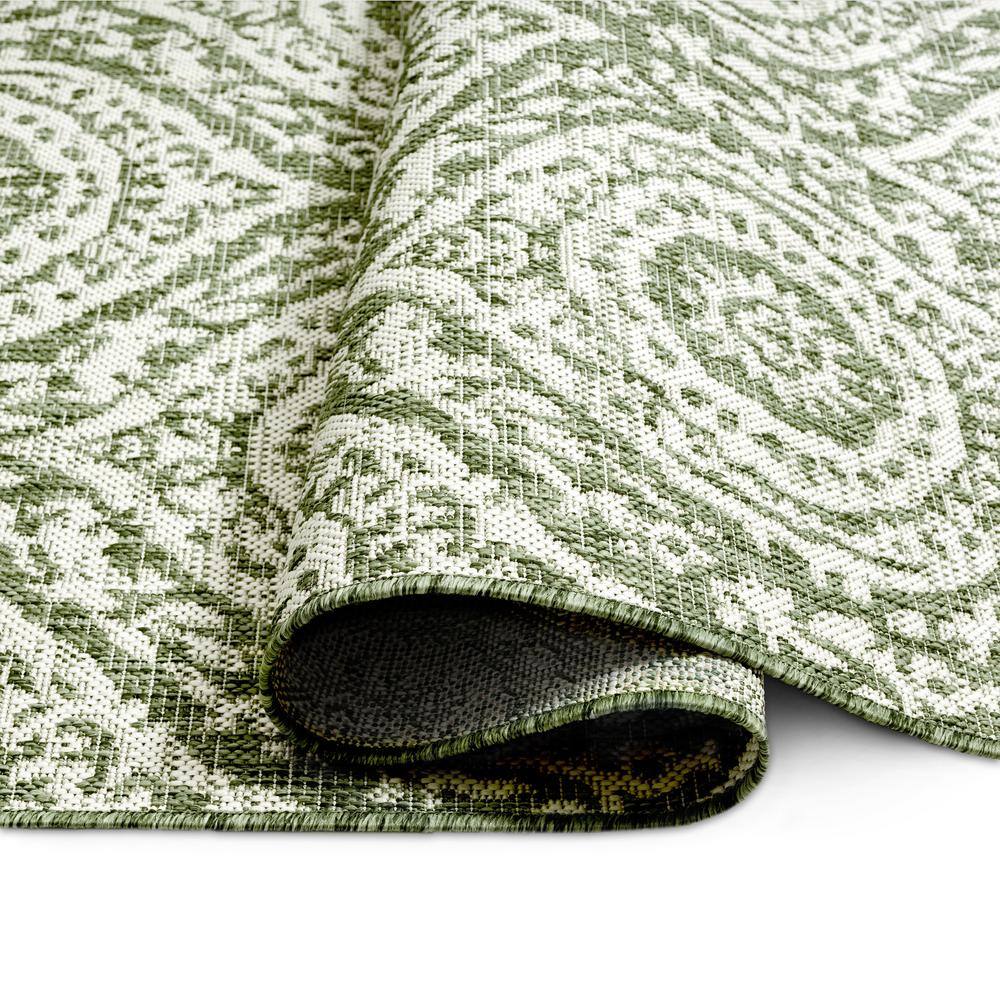 Olive and Ivory Moroccan Damask Indoor/Outdoor Rug