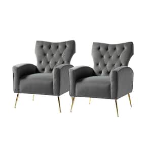 Brion Modern Grey Velvet Button Tufted Comfy Wingback Armchair with Metal Legs (Set of 2)