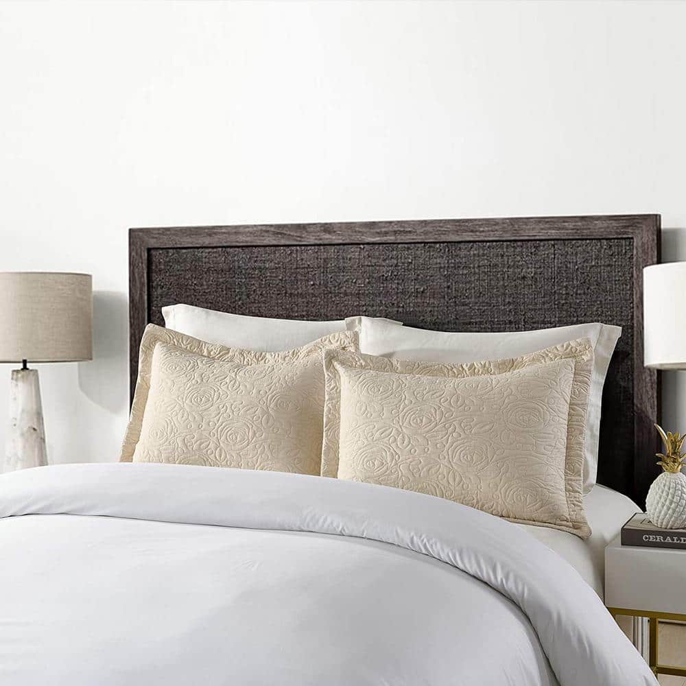 Beige Embroidered Cotton Polyester Standard Pillow Shams, Set of 2
