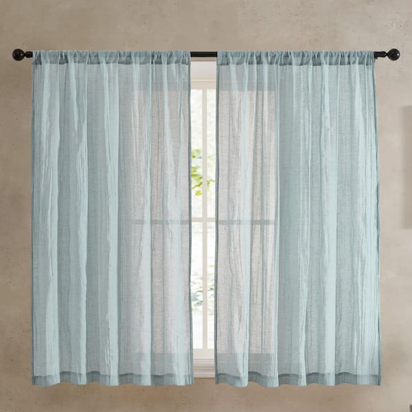 French Connection Charter Aqua Faux Linen Solid 50 in. W x 63 in. L Easy Care Rod Pocket Indoor Sheer Curtain (Set of 2 Panels)