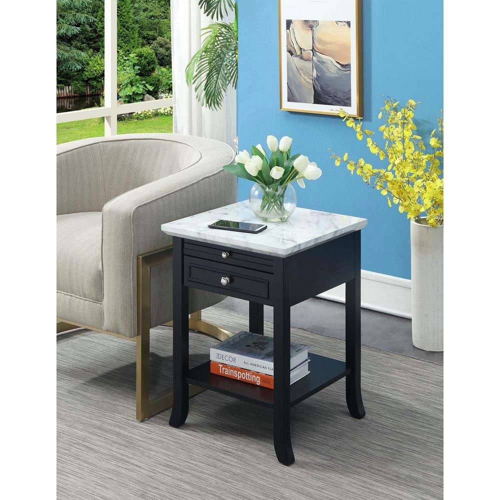 White Faux Marble and Black Wood End Table with Storage