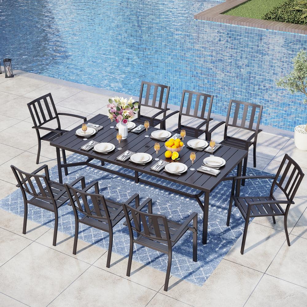 PHI VILLA Modern 9-Piece Metal Rectangle Outdoor Dining Set with Stackable Dining Chairs