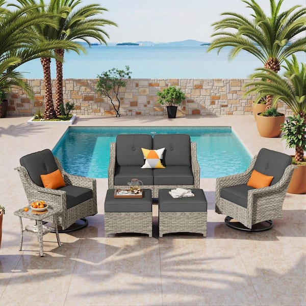 Heliora Gray Wicker 6-Piece Patio Loveseat Set Outdoor Lounge Swivel Chair with Black Cushion, Ottoman and Side Table