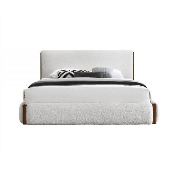 Sandro King White Boucle Upholstered Bed with Walnut Frame