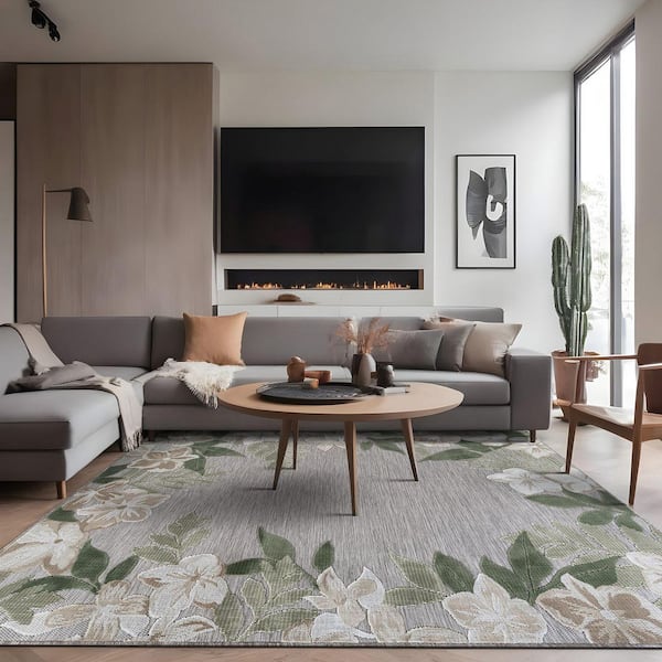 Eden 9 ft. x 12 ft. Green  Washable Border Floral Indoor Outdoor Area Rug