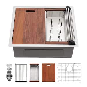 Brushed Nickel Stainless Steel 23 in. x 19 in. Single Bowl Undermount Kitchen Sink with Bottom Grid