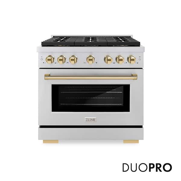 Autograph 36 in. 5.2 cu. ft. Paramount Dual Fuel Range with 6 DuoPro Burners in Stainless Steel and Gold Accents