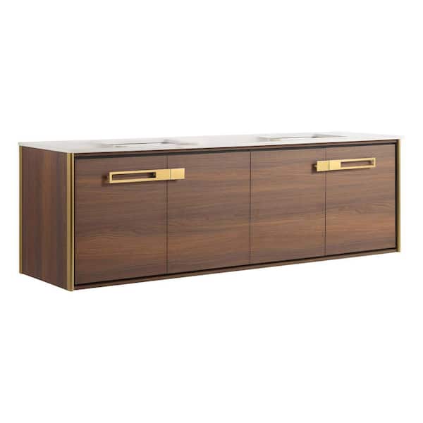 FINE FIXTURES Oakville 72 in. W x 20 in. D x 23.25 in. H Wall Mounted Bath Vanity in Brown with White Quartz Top