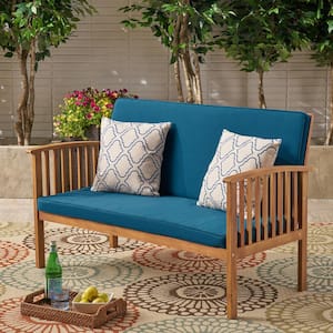 Brown 1-Piece Wood Outdoor Loveseat with Teal Cushions