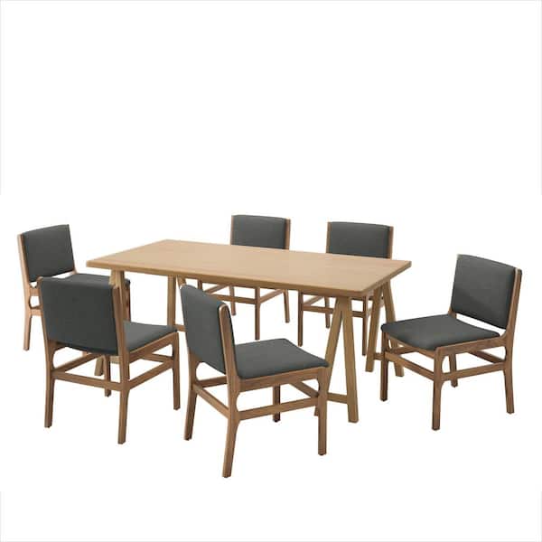 Capps 7-Piece Natural Oak and Walnut Dining Set with Dark Gray Fabric Upholstered Seats, Solid Wood