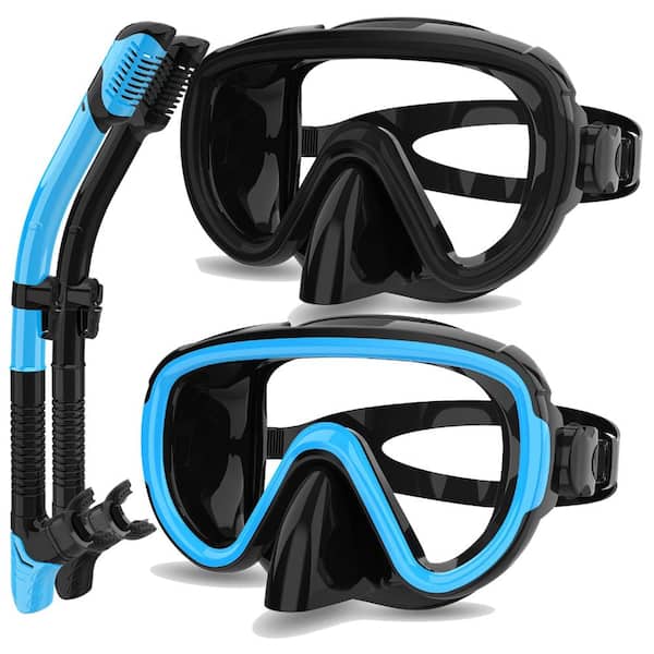 Adults Size Dry Snorkel Mask Set Wide View Anti-Fog Black and Sky Blue ...