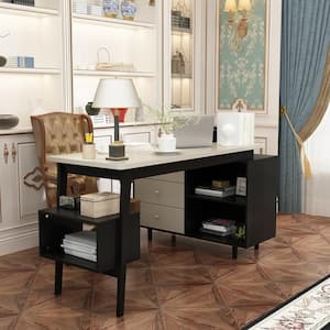 55.1 in. Width L-shaped Black & Gray Wooden 3-Drawer Computer Desk, Writing Desk with Shelves Storage