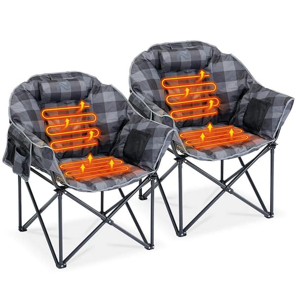 Oversized Heated Camping Chair Padded Camp Chair with 3 Heat Levels Portable Folding Heated Lawn Chair (2-Pack, Brown)