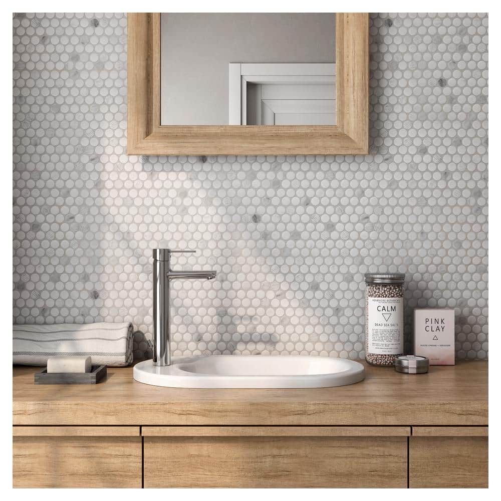 12x12 White Glass and Natural Stone Penny Round Mosaic Tile