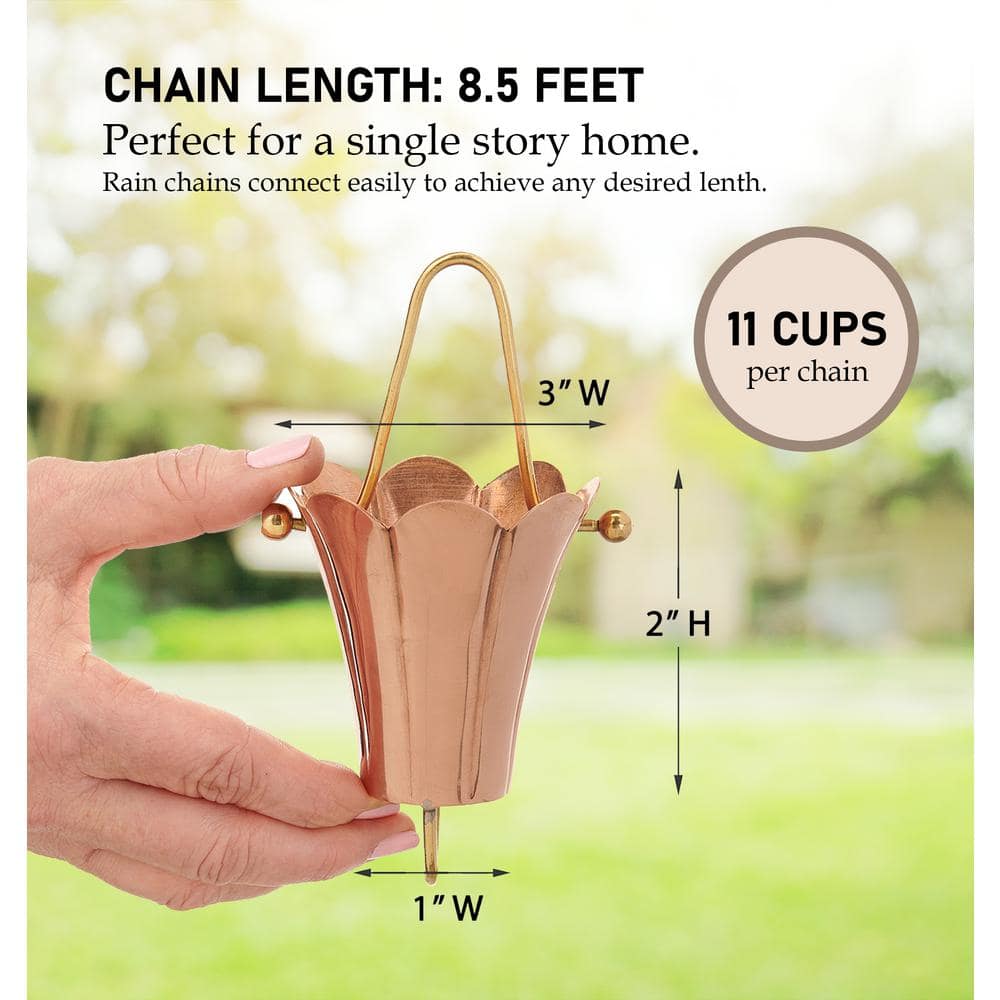 8.5ft Pure Copper Fluted Flower Rain Chain with Brass Links