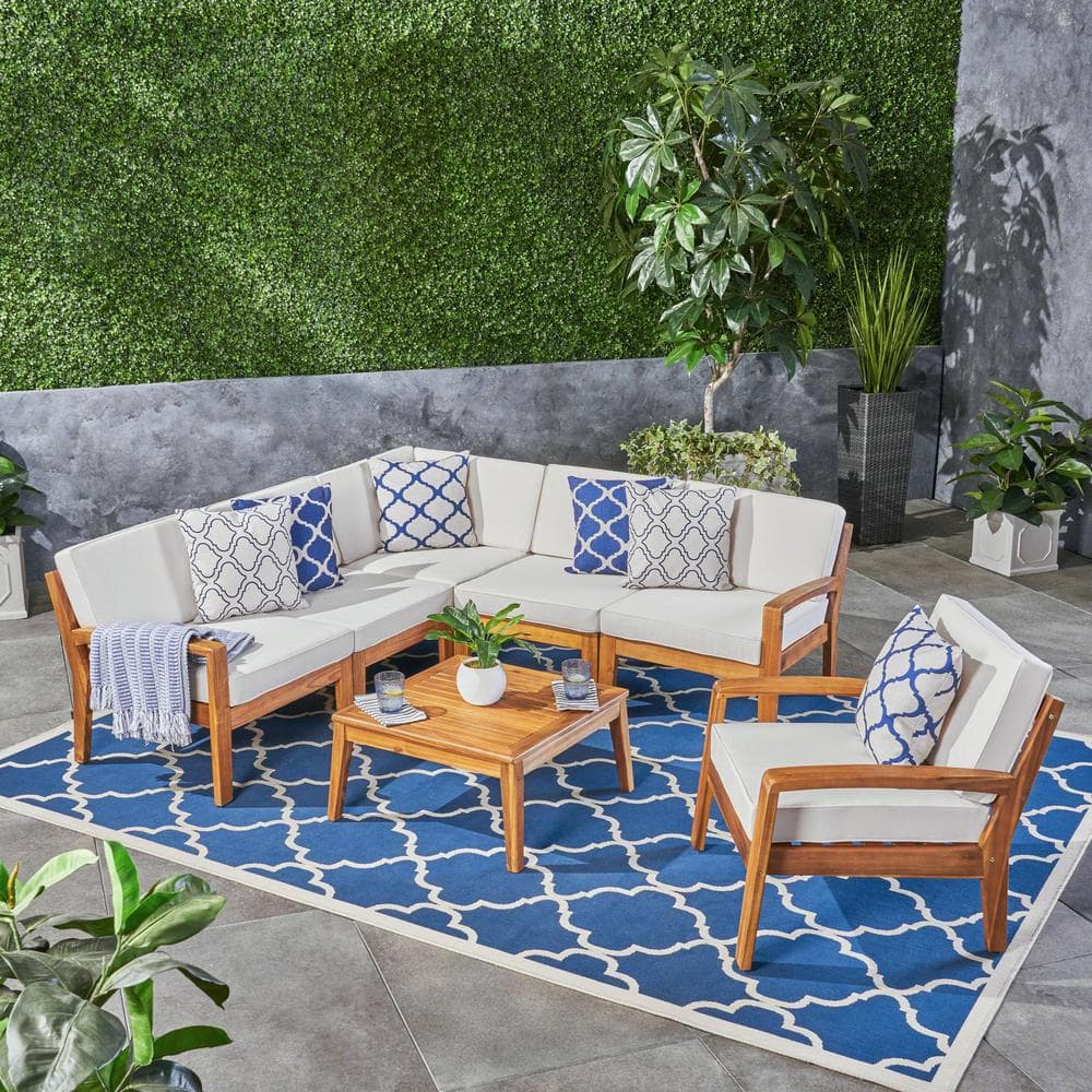Teak and Beige 7-Piece Outdoor Sectional Sofa Set with Armchairs