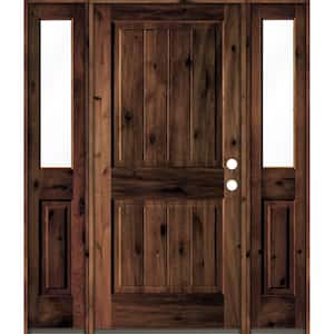 64 in. x 80 in. Rustic Alder Square Top Red Mahogany Stained Wood with V-Groove Left Hand Single Prehung Front Door