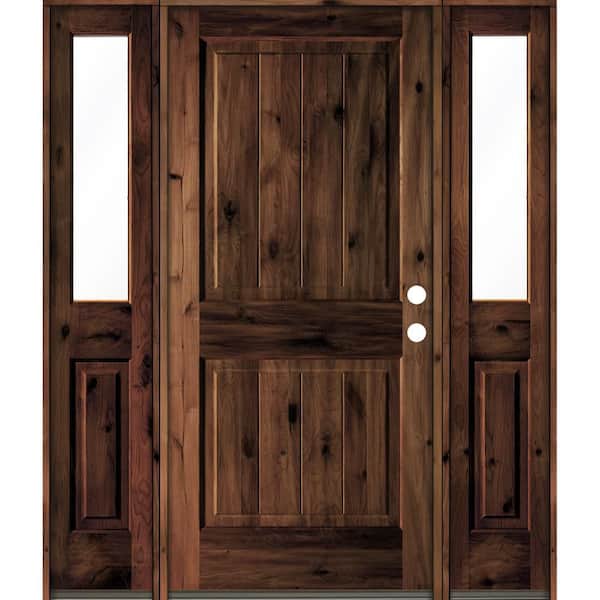 Krosswood Doors 64 in. x 80 in. Rustic Alder Square Top Red Mahogany Stained Wood with V-Groove Left Hand Single Prehung Front Door