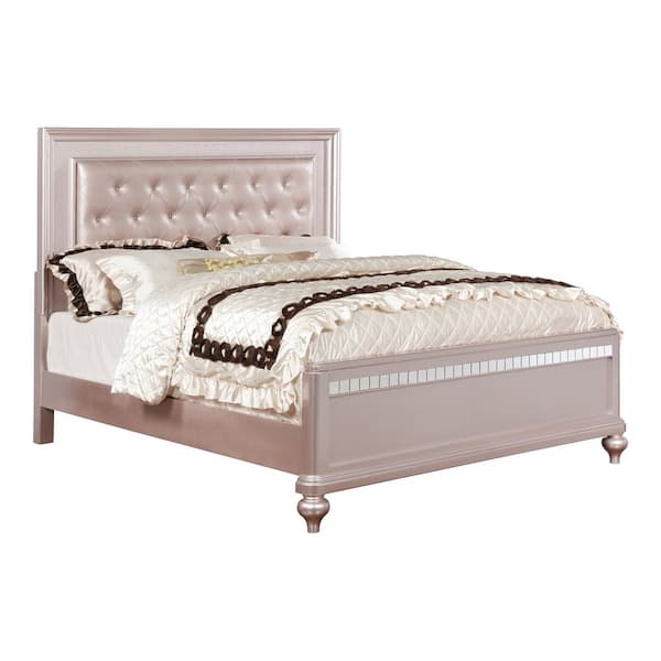 Kloe Pink Wood Frame Queen Panel Bed with Tufted Headboard