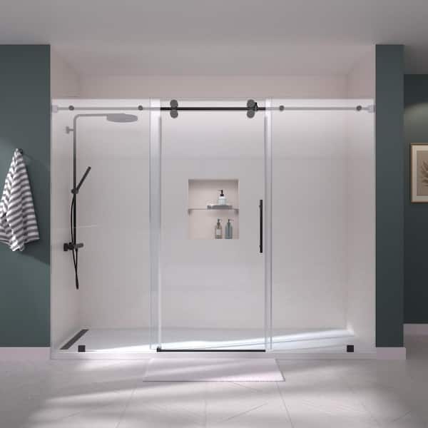 RADX 98 in. - 102 in. W x 76 in. H Sliding Frameless Shower Door in Matte Black with EnduroShield 3/8 in. Clear Glass