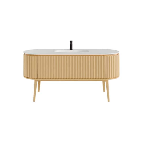 Haven 64 in. Single Sink Natural Oak Bath Vanity with White Solid Surface Top (Assembled)