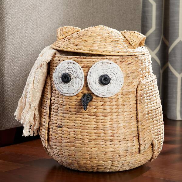 Stylewell Light Brown Owl Water Hyacinth Woven Decorative Basket With Lid Ba1811226 Nat The Home Depot