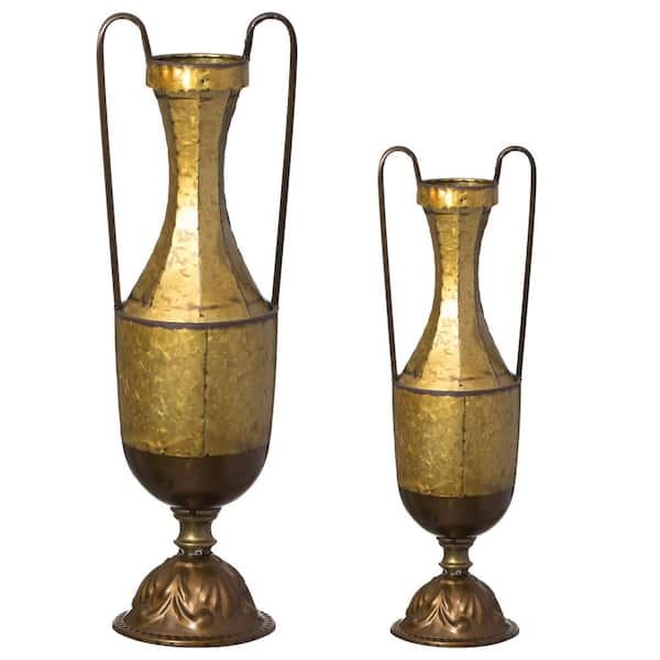 Uniquewise Set of 2 Antique Style Metal Jug Floor Vase with 2 Handles-Vintage Inspired Rustic Design for Entryway, Living Room