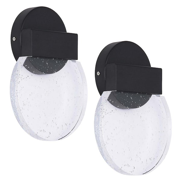 HKMGT 8.82 in. 1-Light Black LED Wall Light Round Wall Sconce with Crystal Bubble Glass Shade (2-Pack)