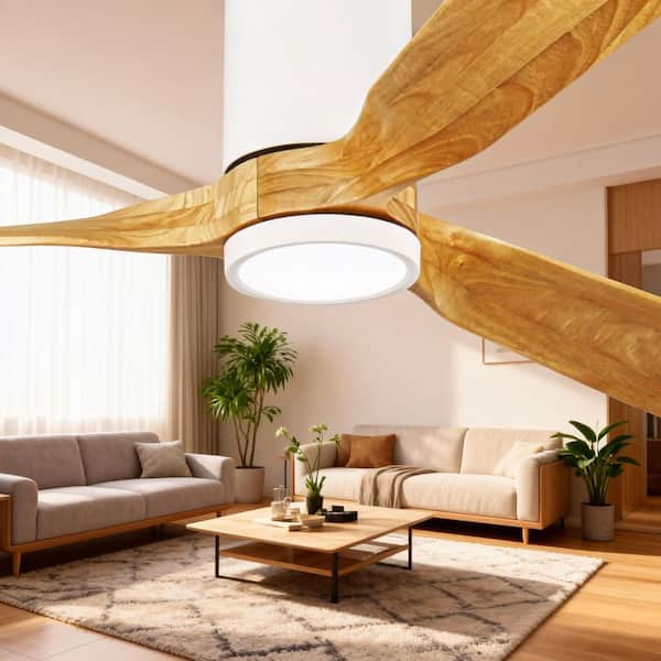 60 in. Smart APP White Indoor Solid Wood Brown Blades Flush Mount Standard Ceiling Fan with 3-Color Dimmable LED Light