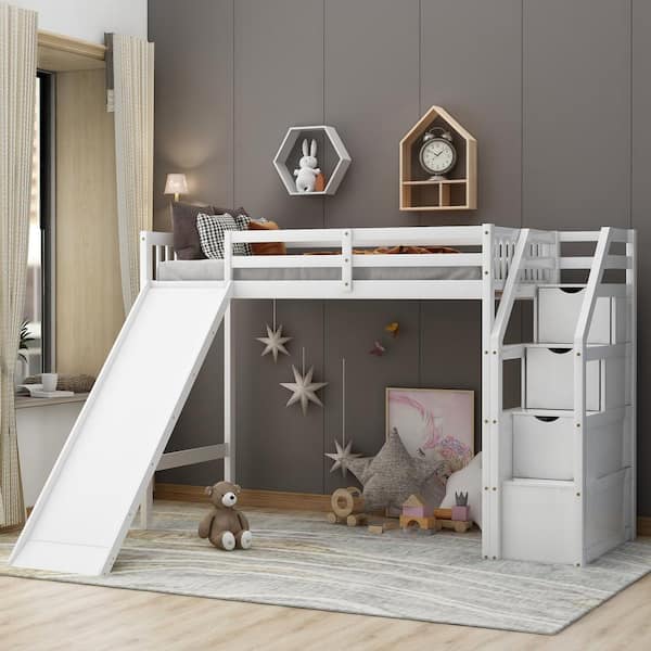 Qualler White Twin Size Loft Bed With Storage And Slide Bkm000108K - The  Home Depot