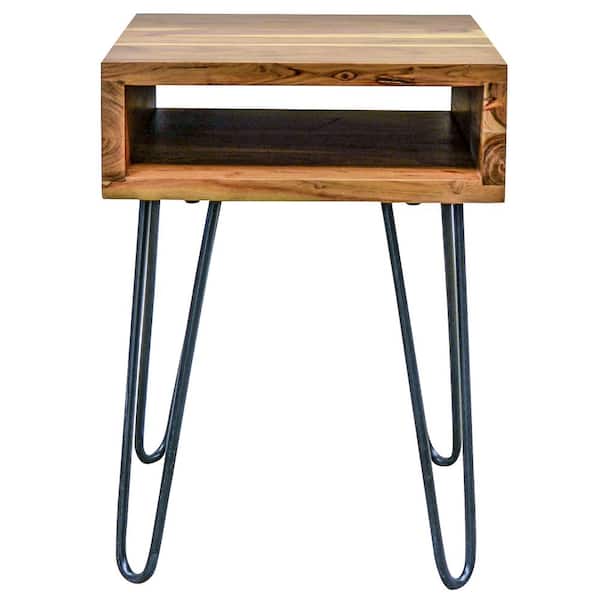 AmeriHome 16 in. Brown Square Acacia Wood End Table with Open Shelf and Hairpin Legs
