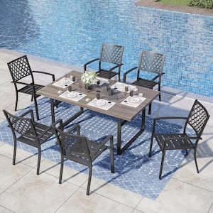 7-Piece Metal Outdoor Dining Set with Dark Brown Rectangular Table and Elegant Stackable Chairs