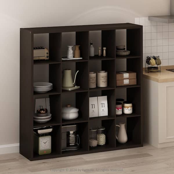 Furinno Simple 57.95 in. Tall Dark Oak Wood 12-Cube Bookcase
