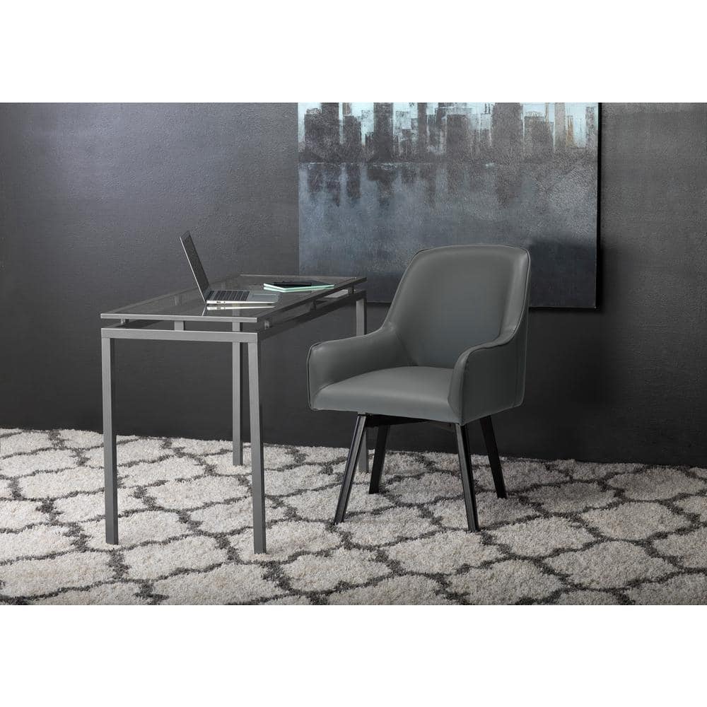 Matte Black Leather Swivel Armchair with Metal Legs