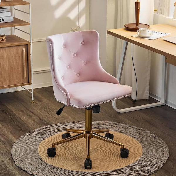 Vingli Velvet Adjustable Height Drafting Chair in Pink with Golden Frame