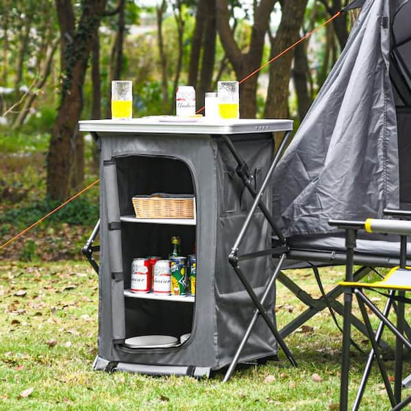 Camping Kitchen Table with Gray Storage Organizer Outdoor Folding Grill  Station with Carry Bag