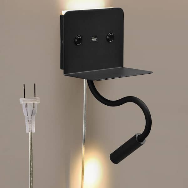 Zompoo 6.3 in. 2-Light Plug in Black LED Wall Sconces with Flexible Gooseneck Spotlight and Switch, 7W 3000K Warm White