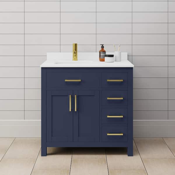 Wyndham Collection Beckett 36 in. W x 22 in. D x 35 in. H Single Sink Bathroom Vanity in Dark Blue with White Cultured Marble Top