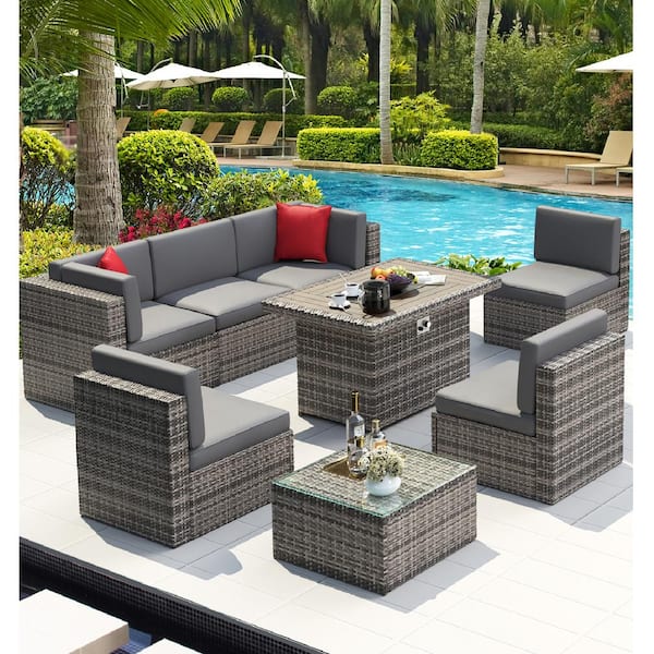 Sizzim 8-Piece Wicker Patio Set Conversation Set with 44 in. Fire Pit Coffee Table, Grey Cushion