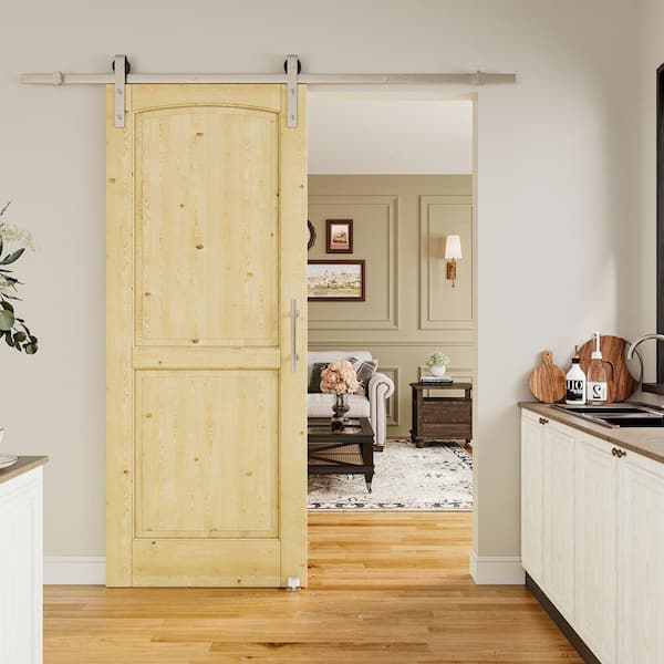 ARK DESIGN 32 in. x 80 in. 2-Panel Solid Pine Wood Unfished Sliding Barn Door with Hardware Kit Nickel Plated