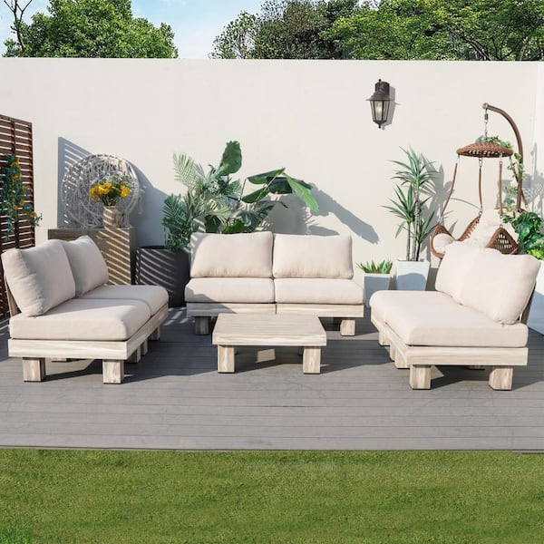moda furnishings Choi 7-Piece Aluminum Outdoor Patio Wood Grain Sectional Conversation Set with White Cushions