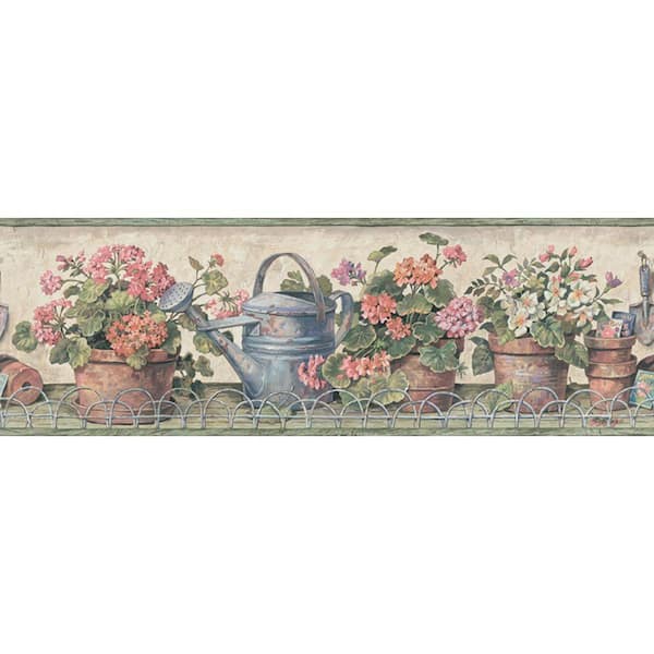 The Wallpaper Company 6.83 in. x 15 ft. Orange and Green Potted Geranium Border
