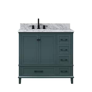 Merryfield 37 in. Single Sink Freestanding Antigua Green Bath Vanity with White Carrara Marble Top (Assembled)