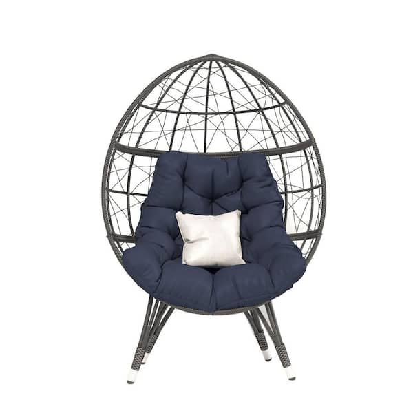 Cesicia Gray Freestanding Wicker Outdoor Egg Lounge Chair with Blue Cushion (1-Pack)