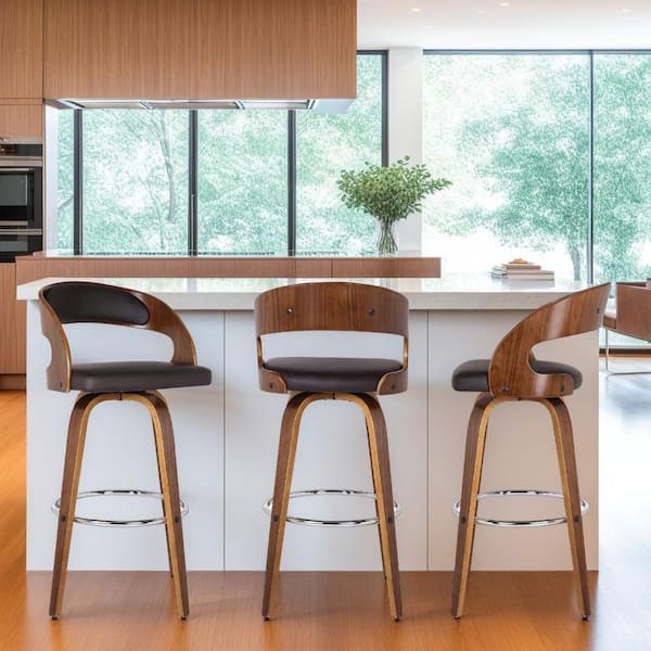 Armen Living Shelly 26 in. Bar Stool in Walnut Wood with Brown PU