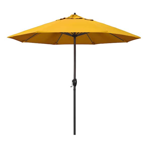 California Umbrella 9 ft. Bronze Aluminum Market Patio Umbrella Auto Tilt Crank Lift in Yellow Pacifica